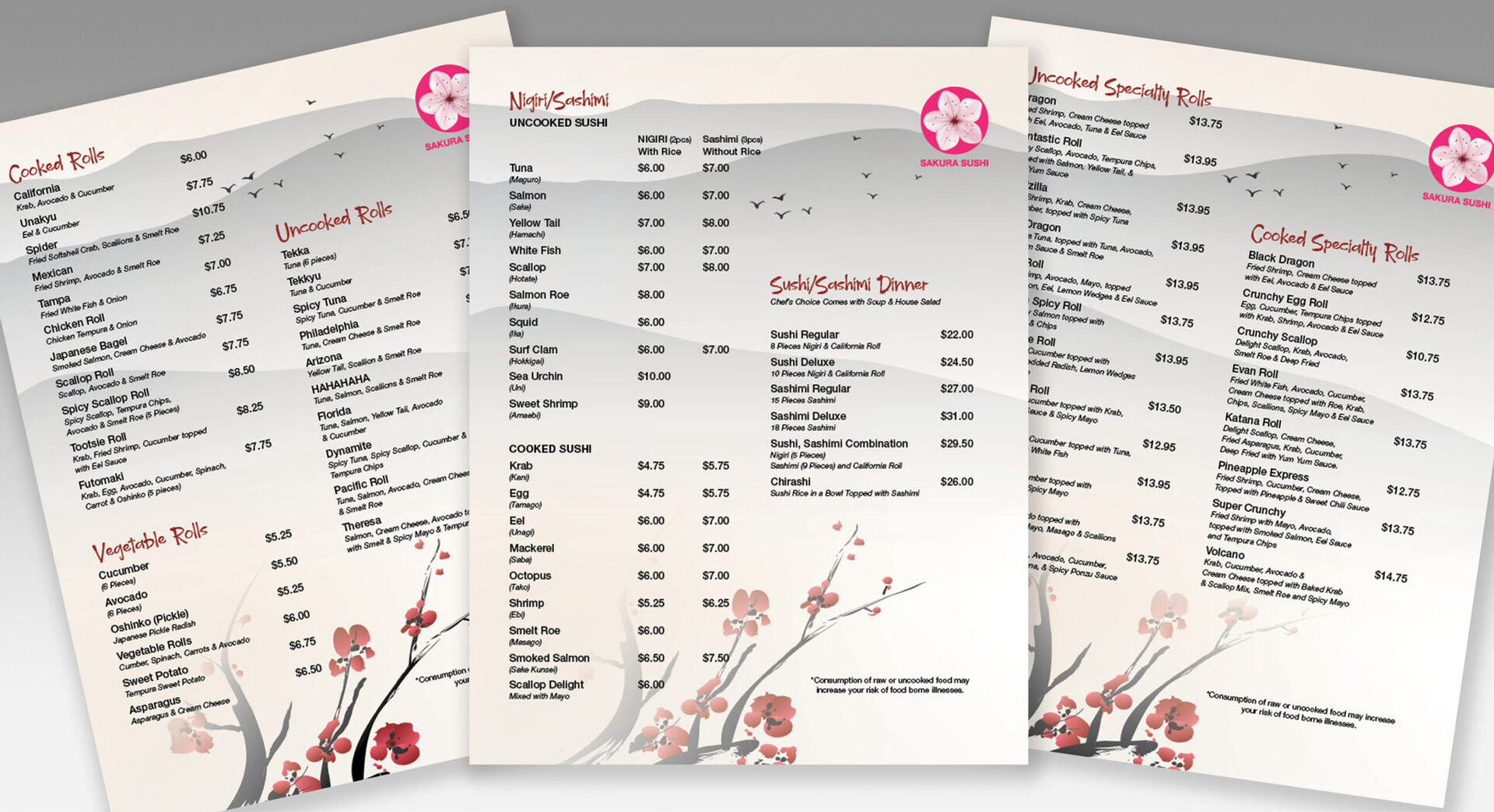 Sakura Sushi restaurant menu design with Japanese botanical motif
