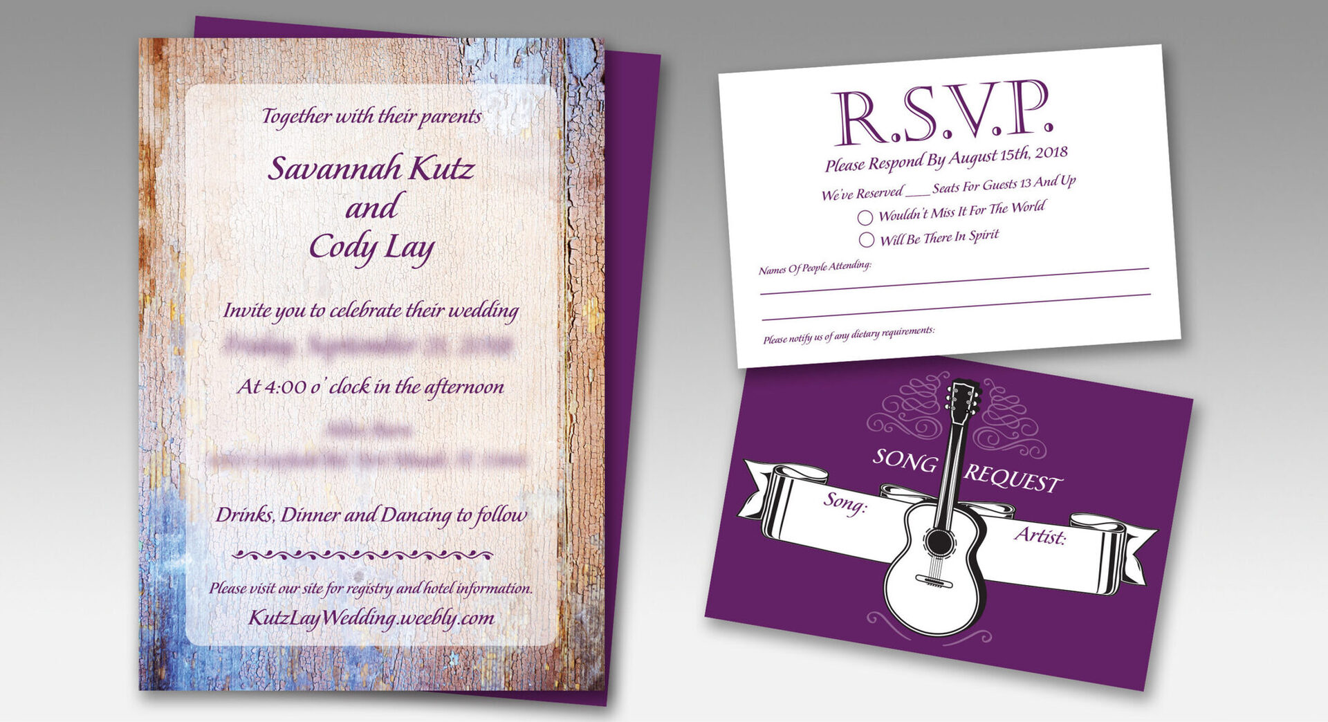 Wedding invitation suite with rustic purple theme and guitar motif