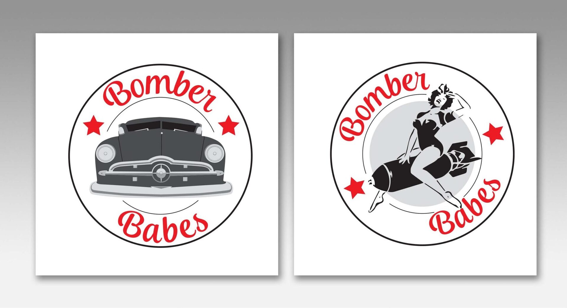 Bomber Babes retro circular badge logo designs with vintage car and pin-up motifs