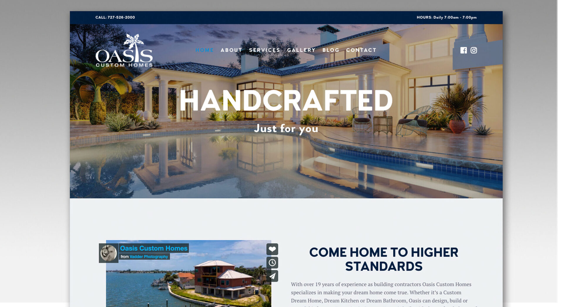 Oasis Custom Homes luxury builder website with Florida waterfront photography